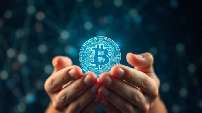 Hands holding a glowing digital cryptocurrency coin.