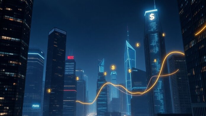 thumbnail-13 Futuristic cityscape with glowing cryptocurrency streams.