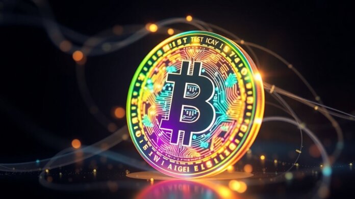thumbnail-14 Glowing digital coin with abstract light trails.