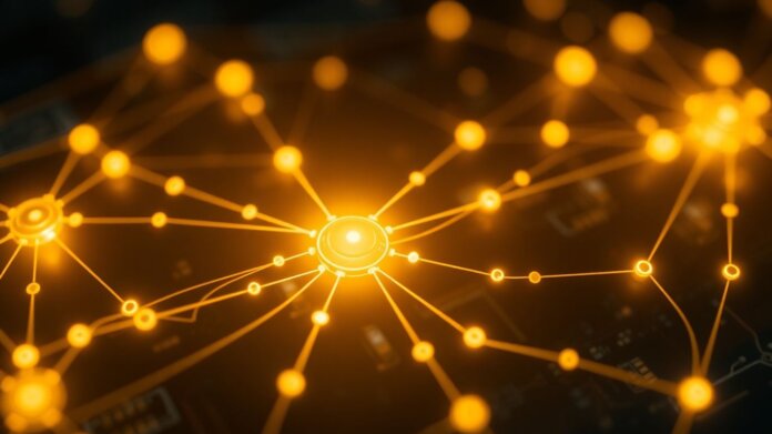 thumbnail-18 Abstract digital network with glowing nodes and light streams.