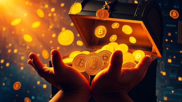 thumbnail-20 Golden cryptocurrency coins pouring from a treasure chest.