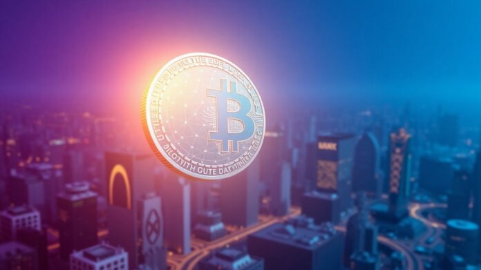 thumbnail-21 Digital coin above abstract financial marketplace