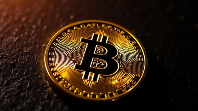 thumbnail-22 Golden cryptocurrency coin with digital patterns.