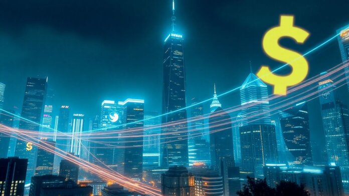 thumbnail-23 Futuristic cityscape with digital currency symbols and light trails.