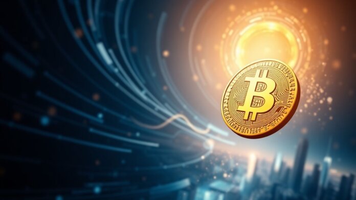 thumbnail-3 Bitcoin coin soaring upwards with digital energy background.