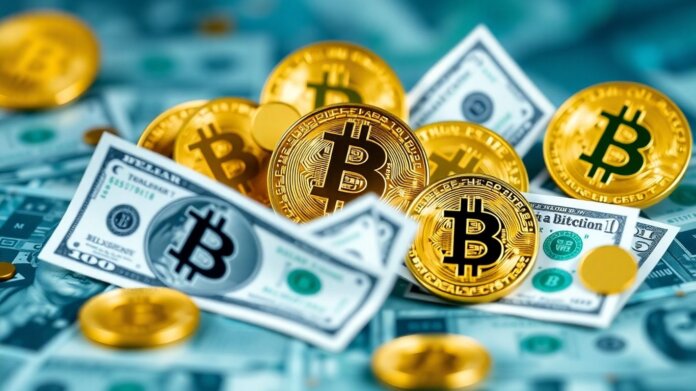 Bitcoin and US dollar coins with abstract background.