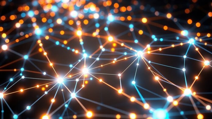 thumbnail-6 Bitcoin blockchain network visualization with glowing nodes and pathways.