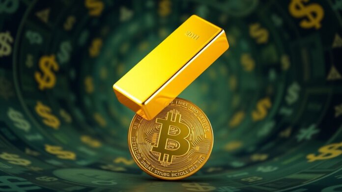 Gold bar and falling Bitcoin coin amidst monetary symbols.