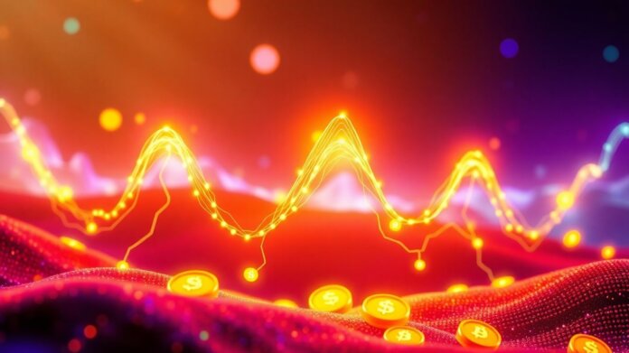 thumbnail-8 Cryptocurrency market cap concept with digital coins and abstract shapes.
