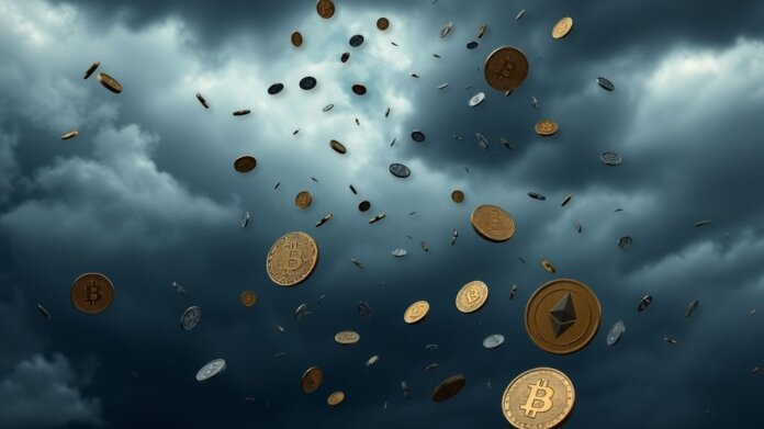 thumbnail-9 Cryptocurrency coins falling from a dark sky.