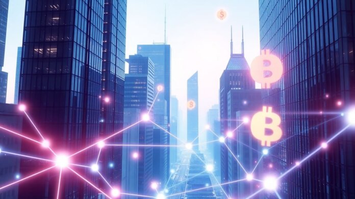 Futuristic cityscape with digital currency symbols.