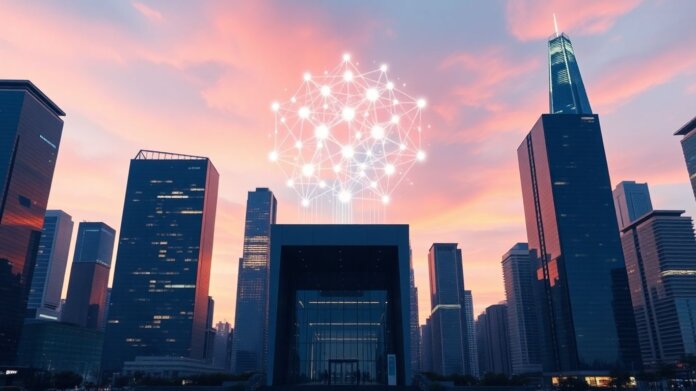 Digital Asset Summit 2025 futuristic cityscape with glowing streams.