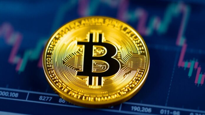 Golden Bitcoin coin against a blurred financial background.