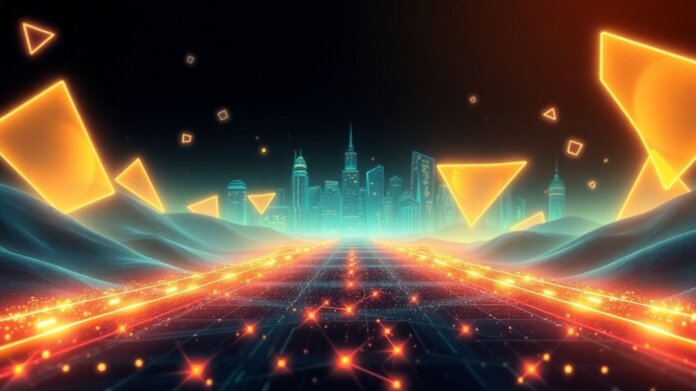 Digital landscape with futuristic cityscape and glowing pathways.