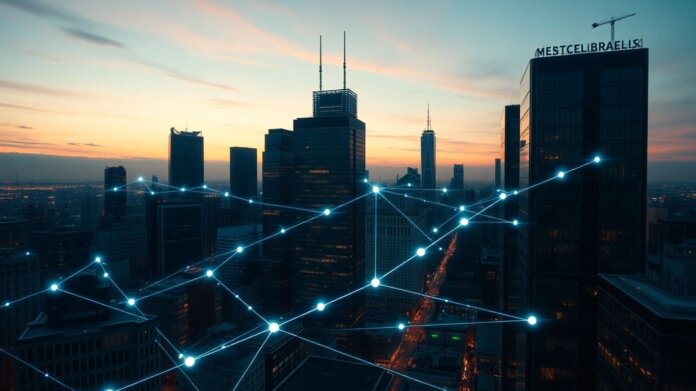 Cityscape with glowing blockchain network connections.