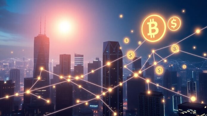 Futuristic city with blockchain network and digital currency symbols.