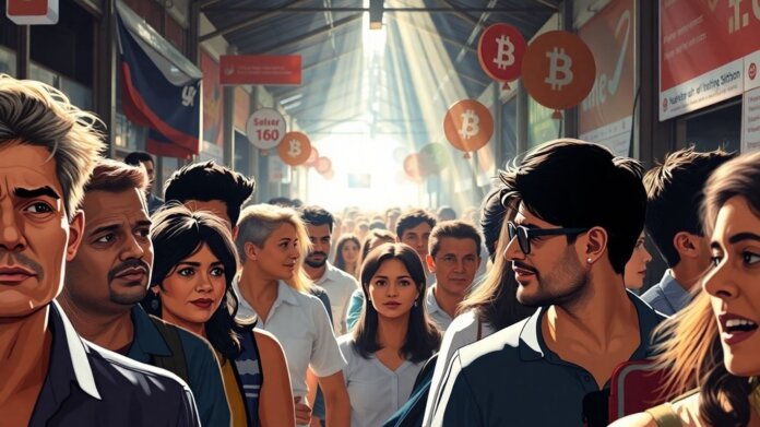 People in a marketplace with Bitcoin imagery.