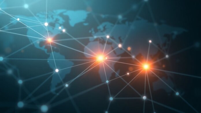 Abstract financial network with glowing nodes.