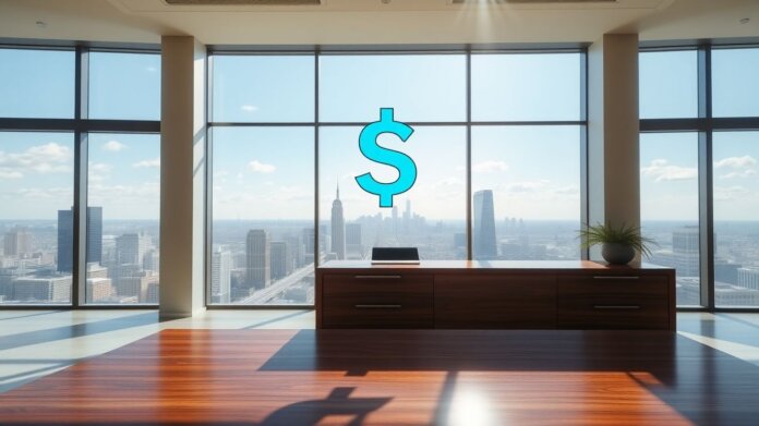 Modern office with digital currency symbol and city view.