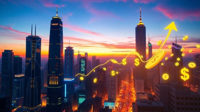 Futuristic cityscape with digital currency flowing.