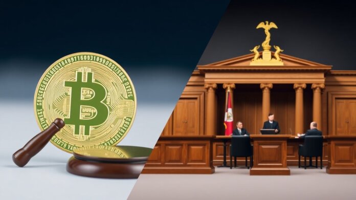 Cryptocurrency coin and gavel next to a courtroom scene.