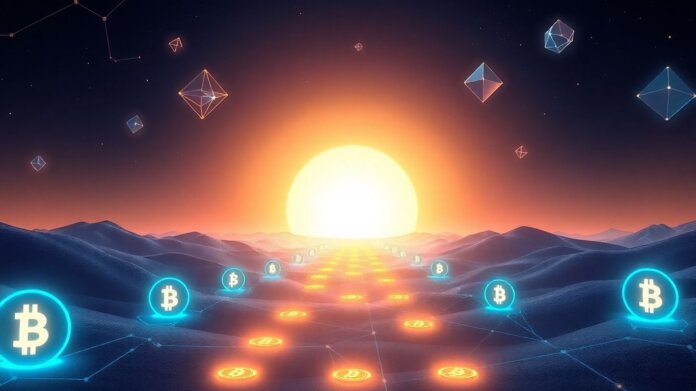 Cryptocurrency icons forming a path to a futuristic horizon.