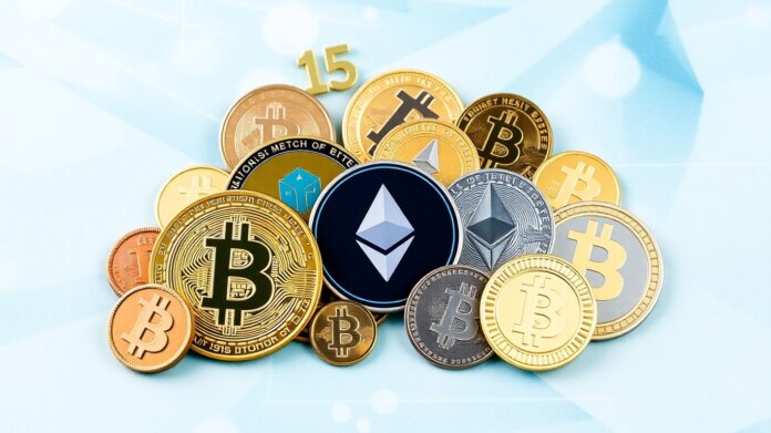 Digital currency symbols with a futuristic background.