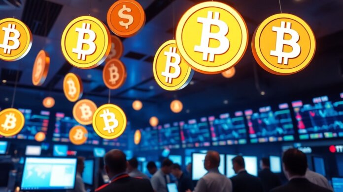 Cryptocurrency trading floor with digital currency symbols.