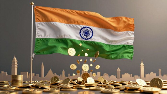 Indian flag transforming into cryptocurrency coins over skyline.
