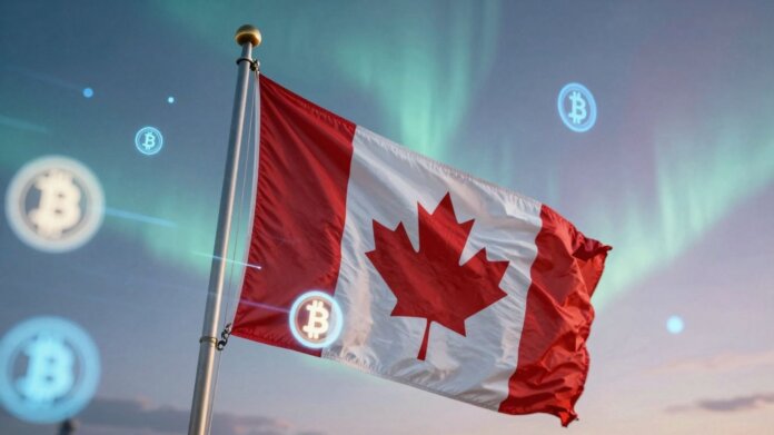 Canadian flag and glowing crypto icons in a digital landscape.