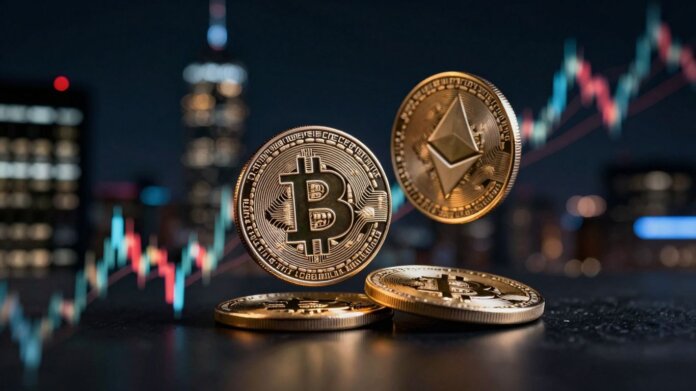 Cryptocurrency market pulse with digital coins in motion.