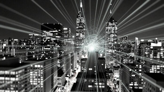 Futuristic cityscape with glowing digital streams.