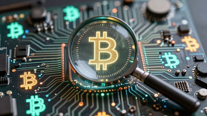 Magnifying glass over digital circuit with Bitcoin symbols.