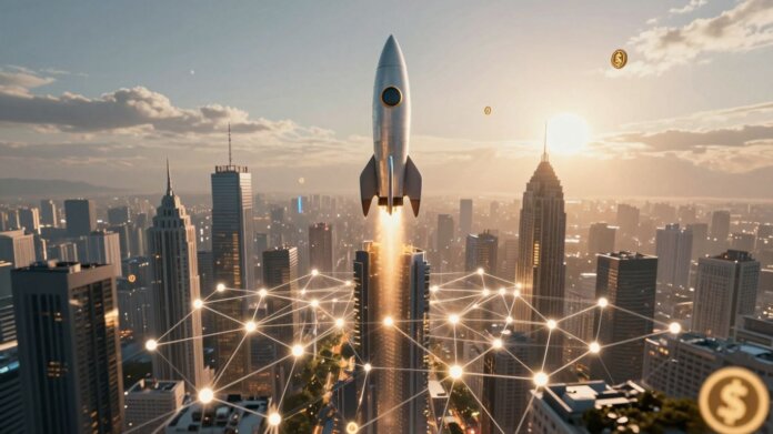 Futuristic blockchain cityscape with ascending rocket and digital currency symbols.