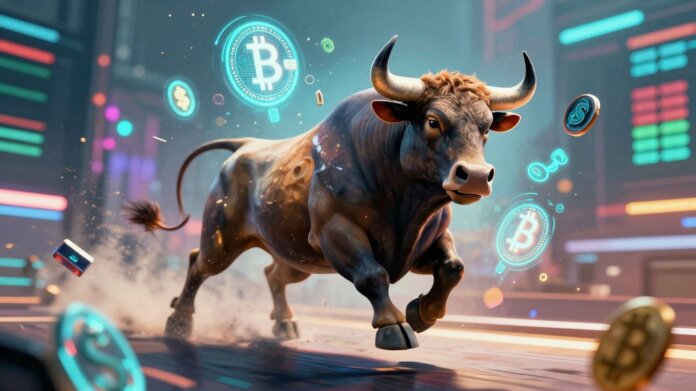 Cryptocurrency bull market with glowing digital coins.