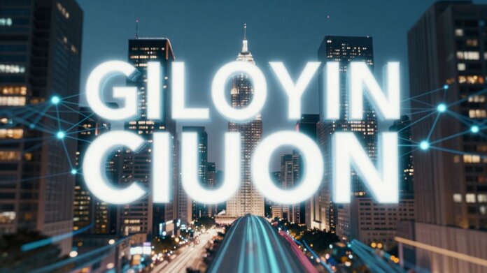 Blockchain companies in a futuristic city skyline.