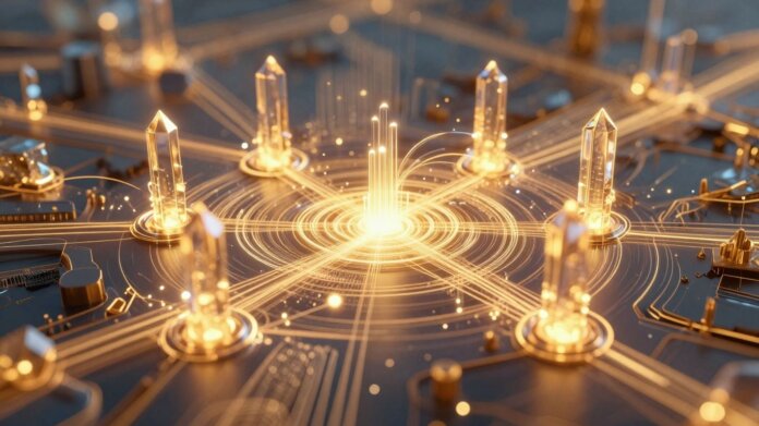 Digital landscape with glowing nodes and pathways.