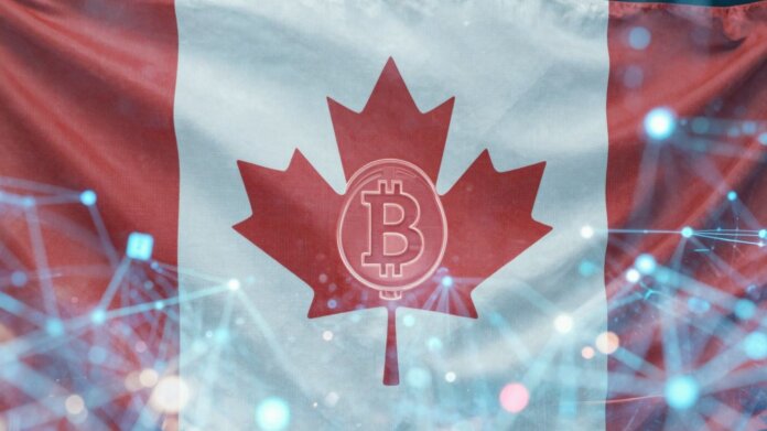 Canadian flag with cryptocurrency symbols, digital finance background.