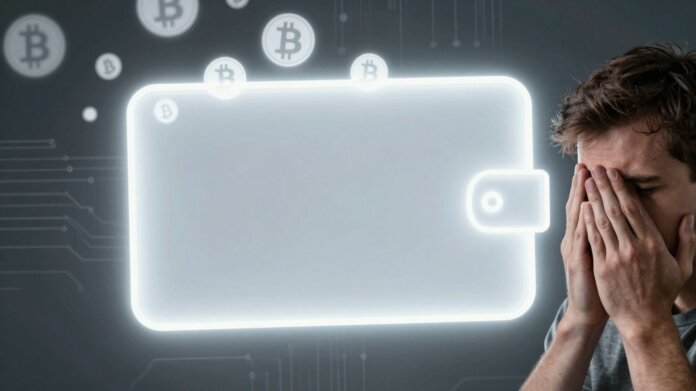 Empty digital wallet with lost Bitcoin symbols.