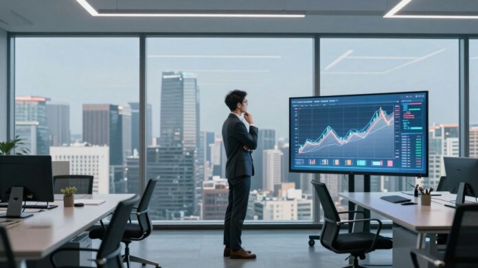 Modern office with financial data display.