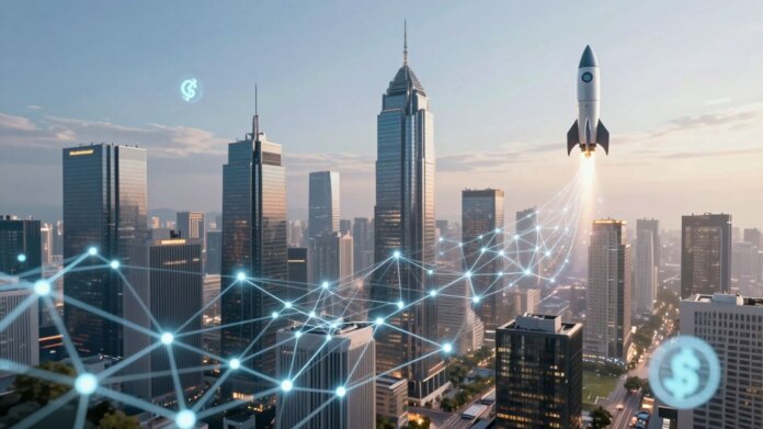 Futuristic blockchain cityscape with ascending rocket and digital currency symbols.