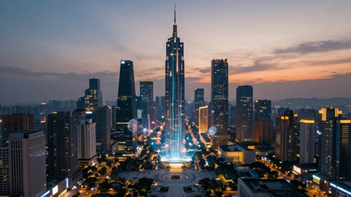 Digital cityscape with glowing streams and holographic nodes.