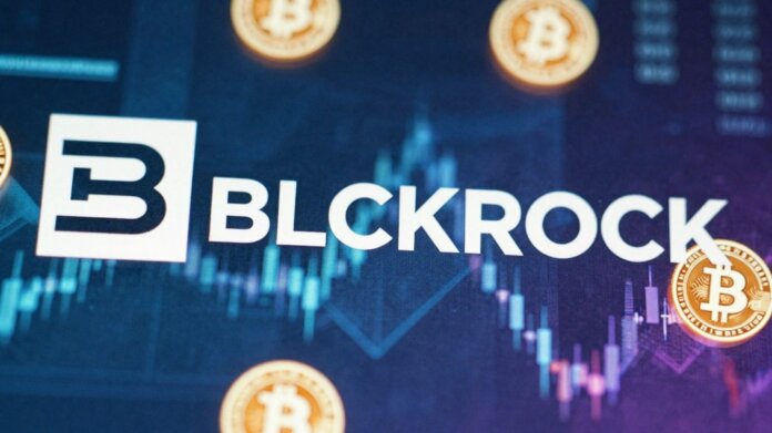 BlackRock logo over a digital crypto landscape.