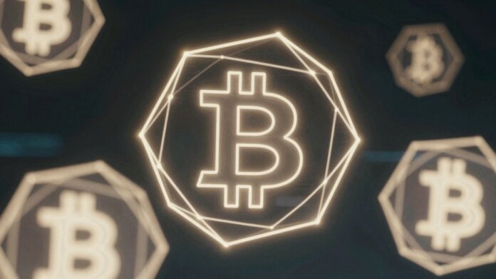 Digital assets and cryptocurrency symbols in a futuristic landscape.