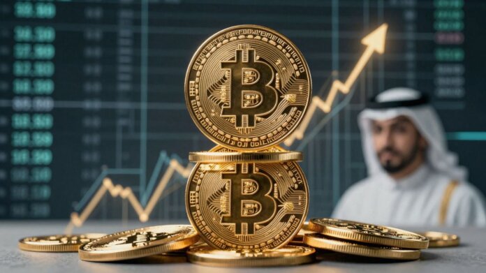 Bitcoin coins rising, digital circuits, financial growth.