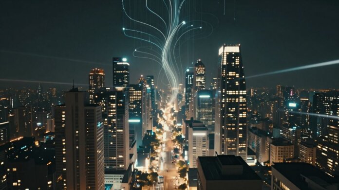 Futuristic cityscape with glowing digital streams.
