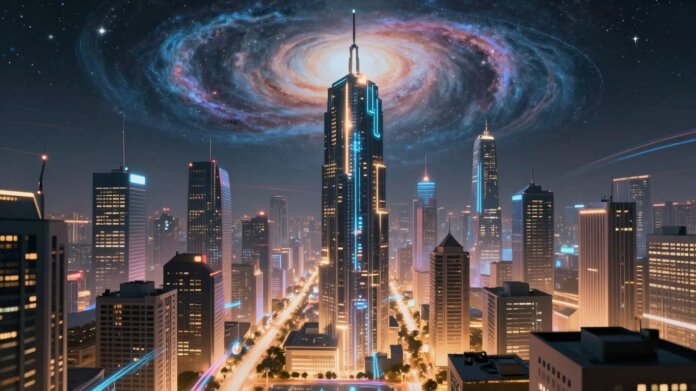 Futuristic cityscape with galaxy and crypto symbols.