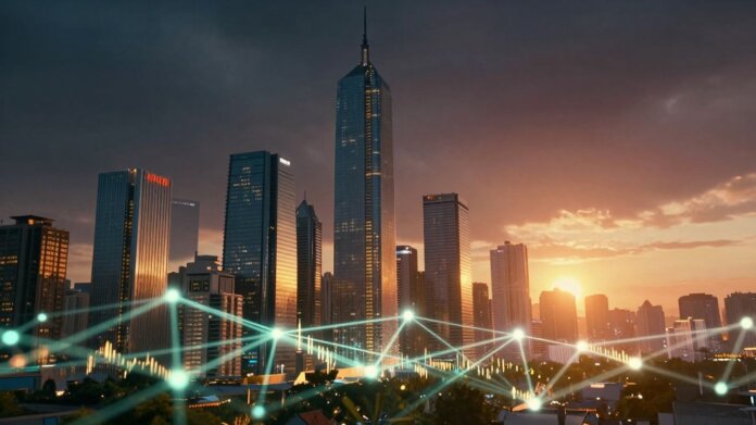 Futuristic cityscape with digital streams and financial networks.
