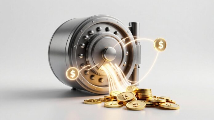 Digital tokens flowing into a vault.