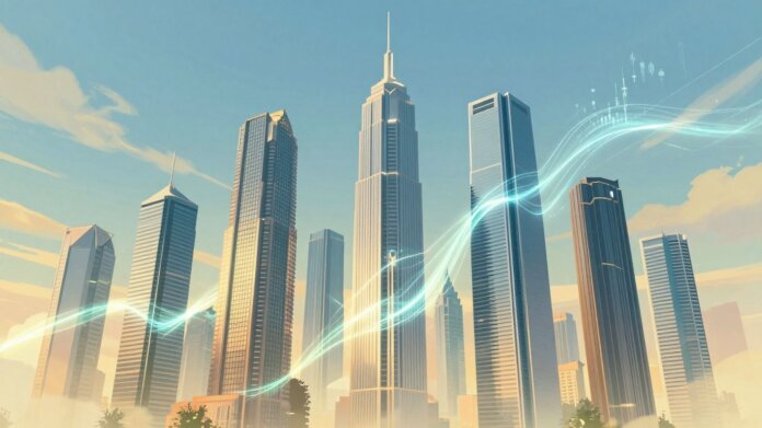 Futuristic cityscape with glowing digital streams.